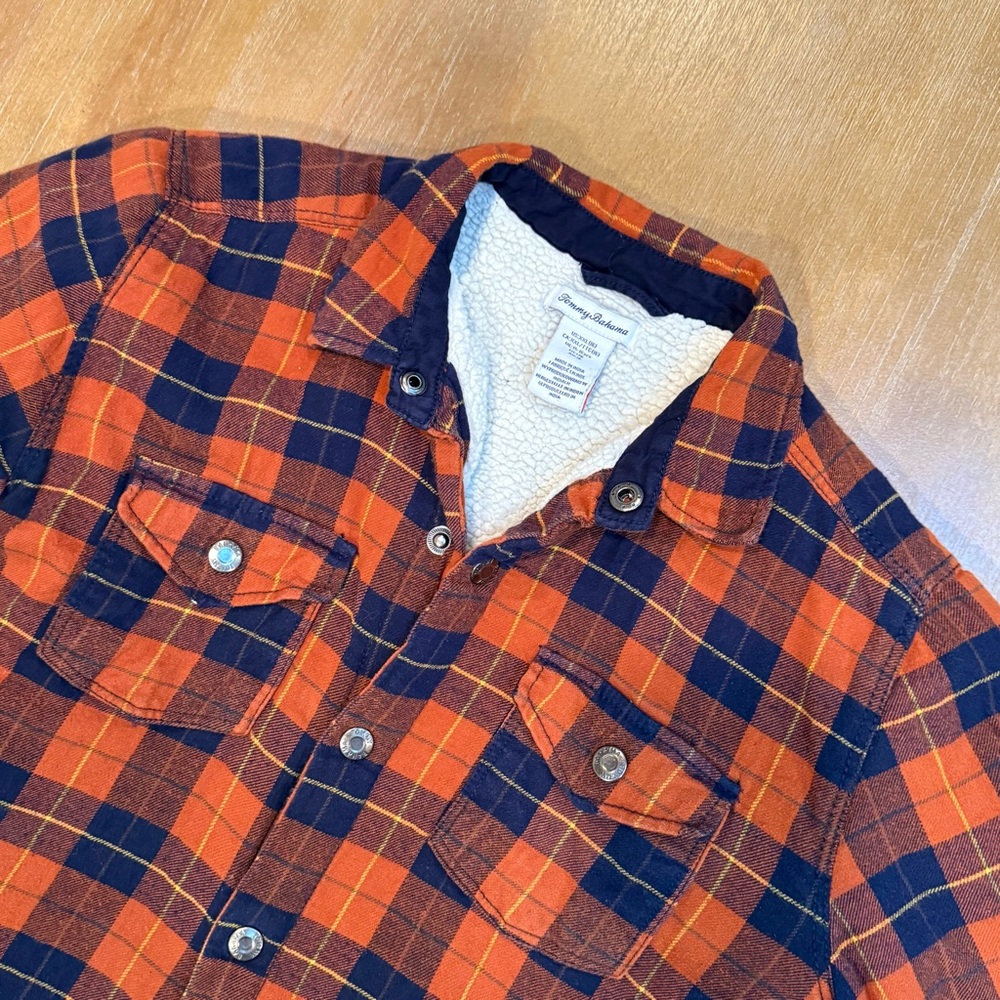 Tommy‎ Bahama Youth Flannel Sherpa Shacket Orange Blue Plaid Full Snap Sz XXL 16